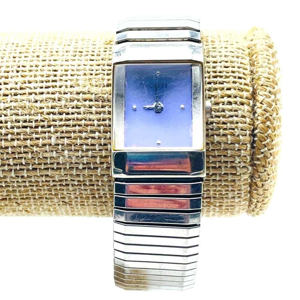 GUESS Quartz Wristwatch Silver Tone Expansion Band Purple Face READ